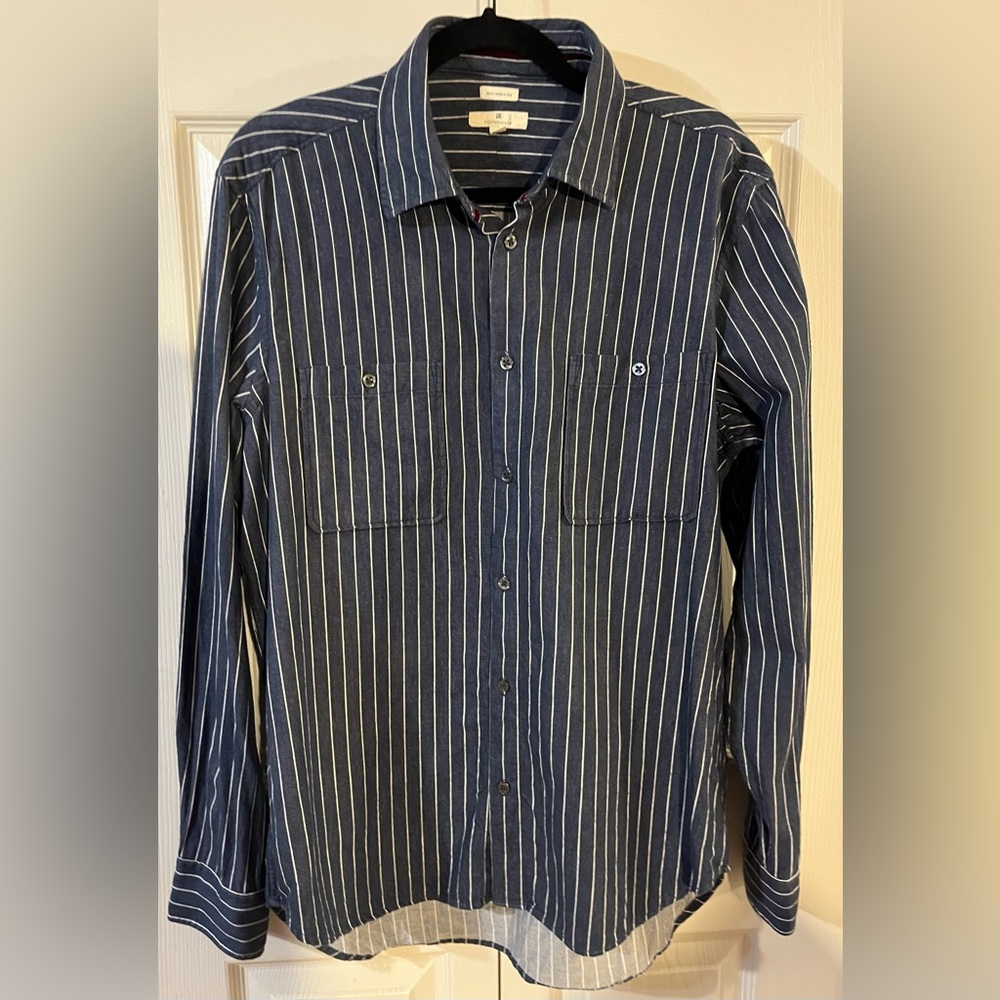 Community Men’s Long Sleeve Striped Blue/White Button Up 100% Cotton Shirt (L)